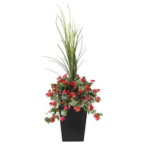 Géraniums-rouges-en-pot-decoration-exterieur-fausse_plante meuble de jardin