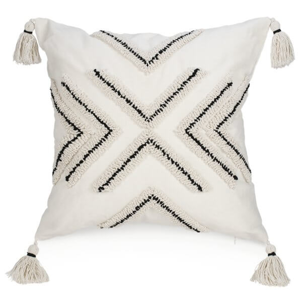 Coussin ivoire et noir avec pompons