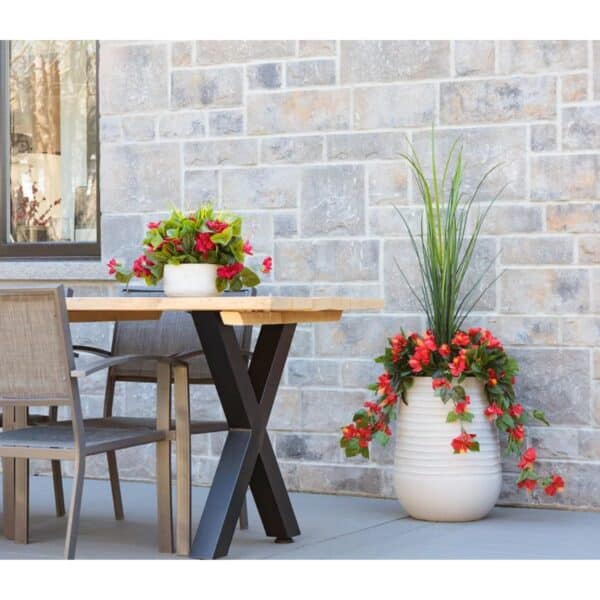 Arrangement d'hibiscus rouge dans pot beige